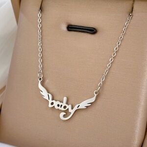 18K White Gold (Rhodium) “Baby” Nameplate With Wings Pendant Necklace No Fade